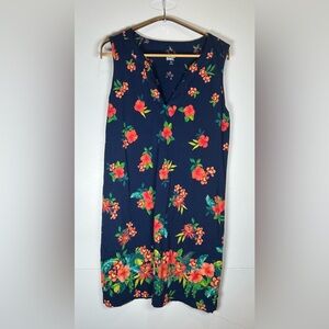 Lands' End Navy/Orange Floral VNeck Sleeveless Cotton Dress. Size Medium.